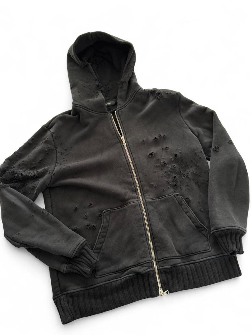 AMIRI Black Distressed Zip-Up Hoodie